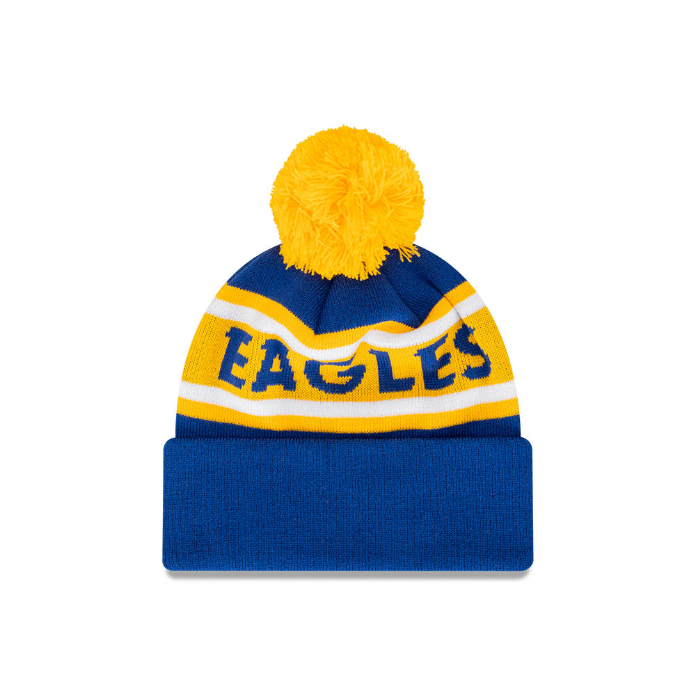 West Coast Eagles Beanie - AFL Blue Retro Spellout Pom Knit - New Era